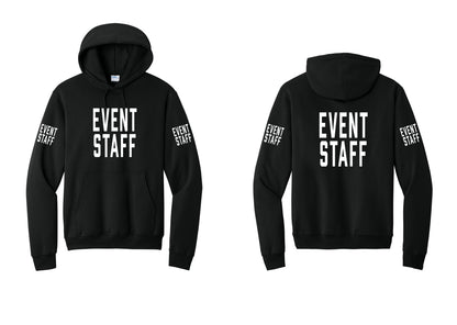 NYC Factory Event Staff Cotton Fleece Pullover Hoodie (Classic) - Front + Back + Event Staff Sleeves - Black