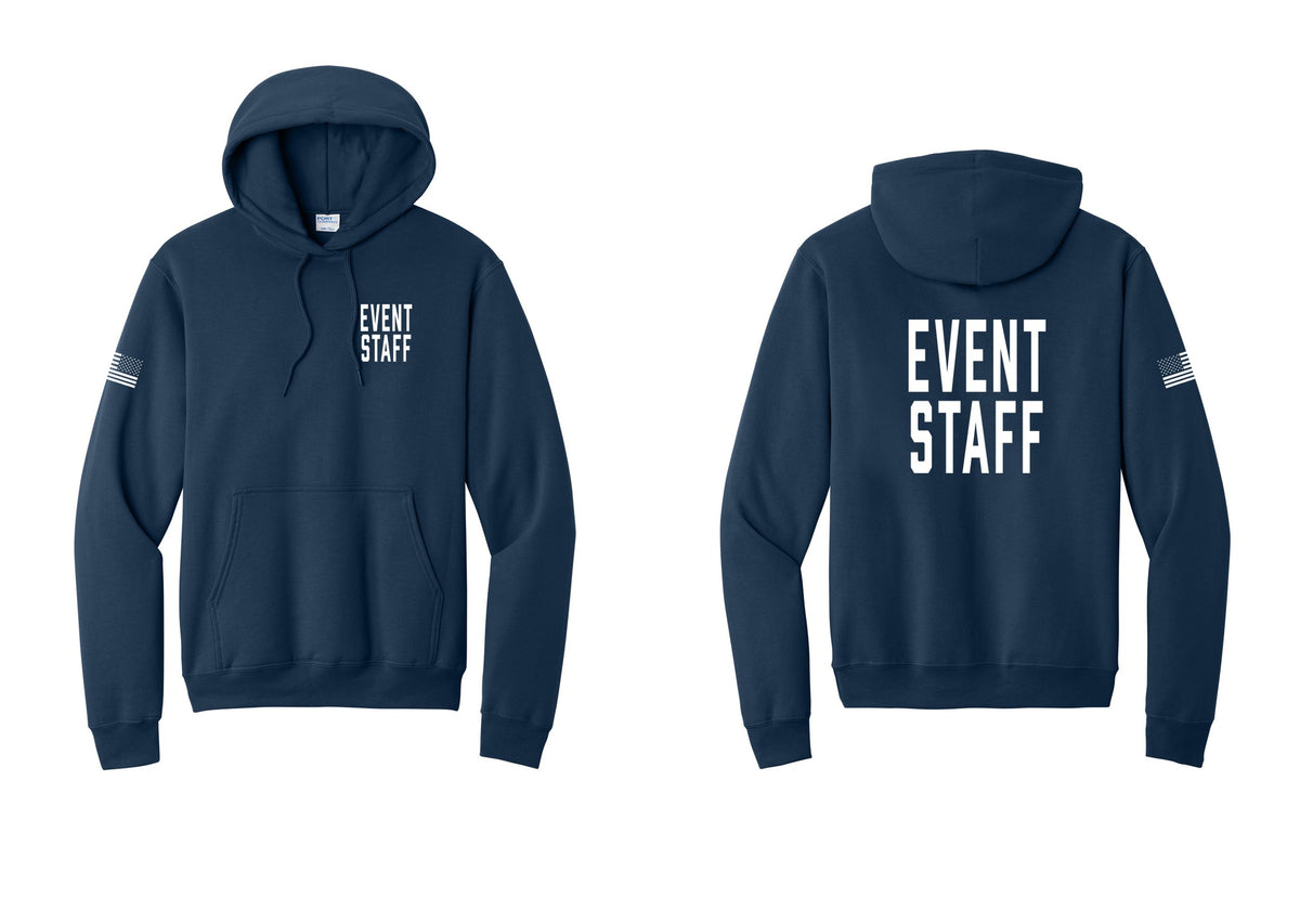 NYC Factory Event Staff Cotton Fleece Pullover Hoodie (Classic) - Chest + Back + US Flag Sleeve - Navy