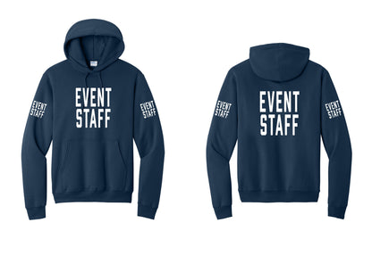 NYC Factory Event Staff Cotton Fleece Pullover Hoodie (Classic) - Front + Back + Event Staff Sleeves - Navy