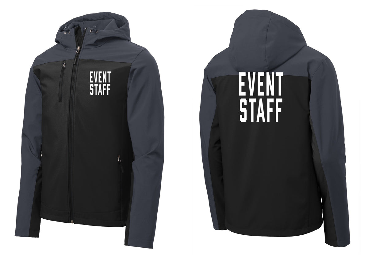 NYC Factory Event Staff Hooded Soft Shell Jacket (Classic) - Chest + Back - Black / Battleship Grey