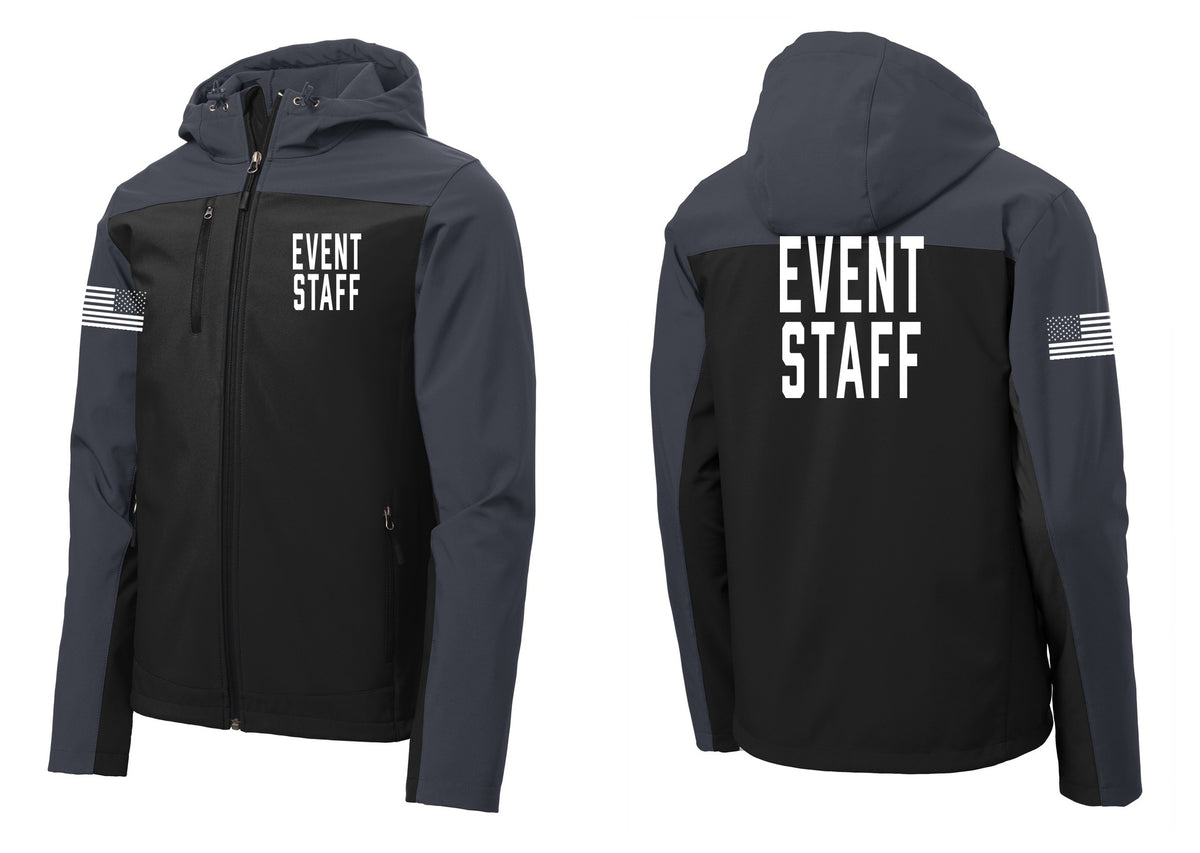 NYC Factory Event Staff Hooded Soft Shell Jacket (Classic) - Chest + Back + US Flag Sleeve - Black / Battleship Grey