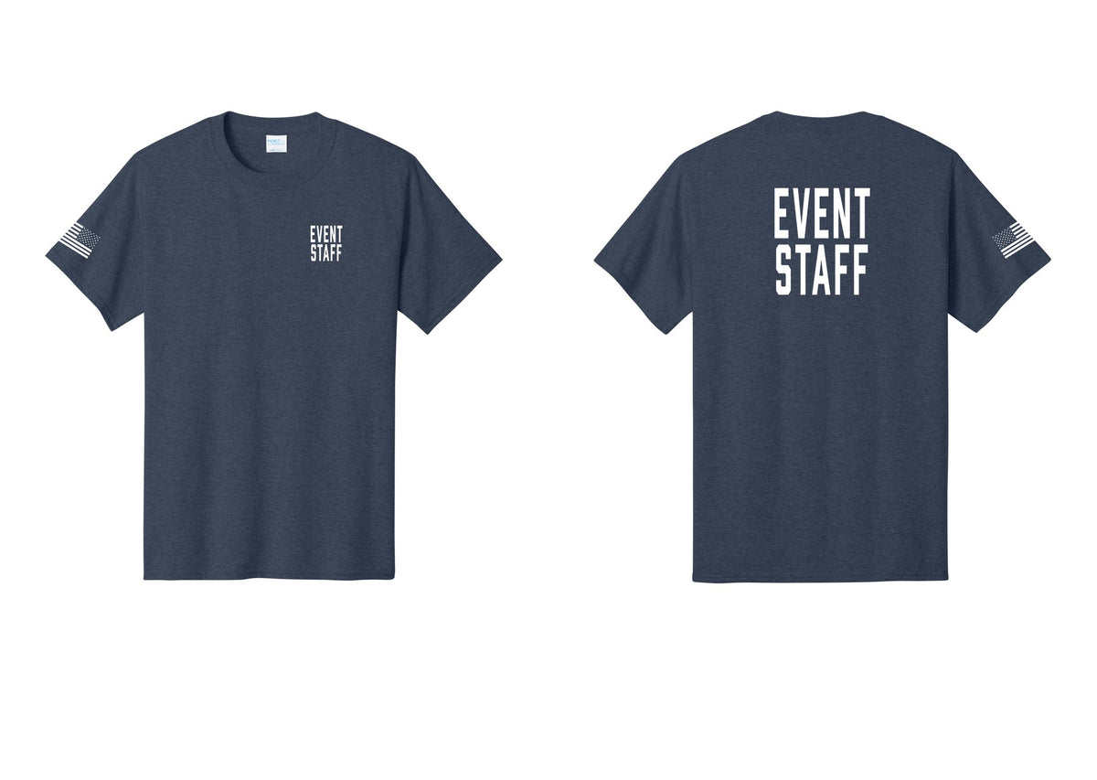 NYC Factory Event Staff T-Shirt, Condensed Lettering - Chest + Back + US Flag Sleeve - Heather Navy