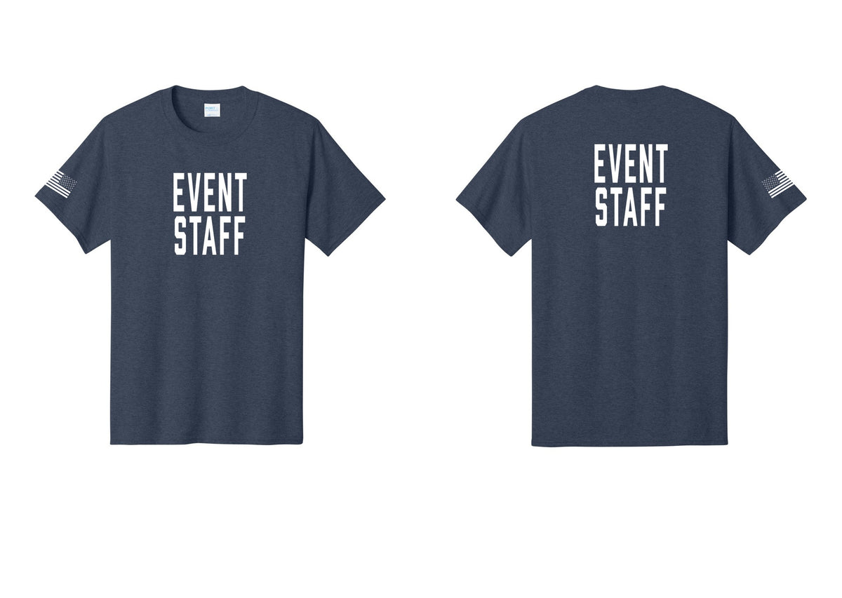 NYC Factory Event Staff T-Shirt, Condensed Lettering - Front + Back + US Flag Sleeve - Heather Navy