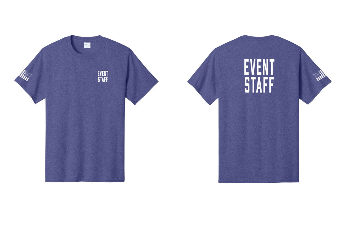 NYC Factory Event Staff T-Shirt, Condensed Lettering - Chest + Back + US Flag Sleeve - Heather Purple
