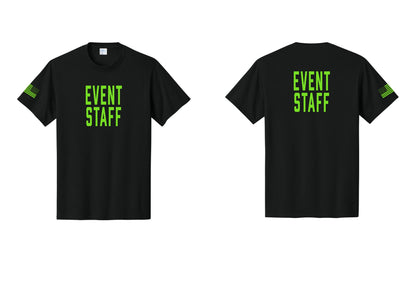 NYC Factory Event Staff T-Shirt, Condensed Lettering - Front + Back + US Flag Sleeve - Black / Neon