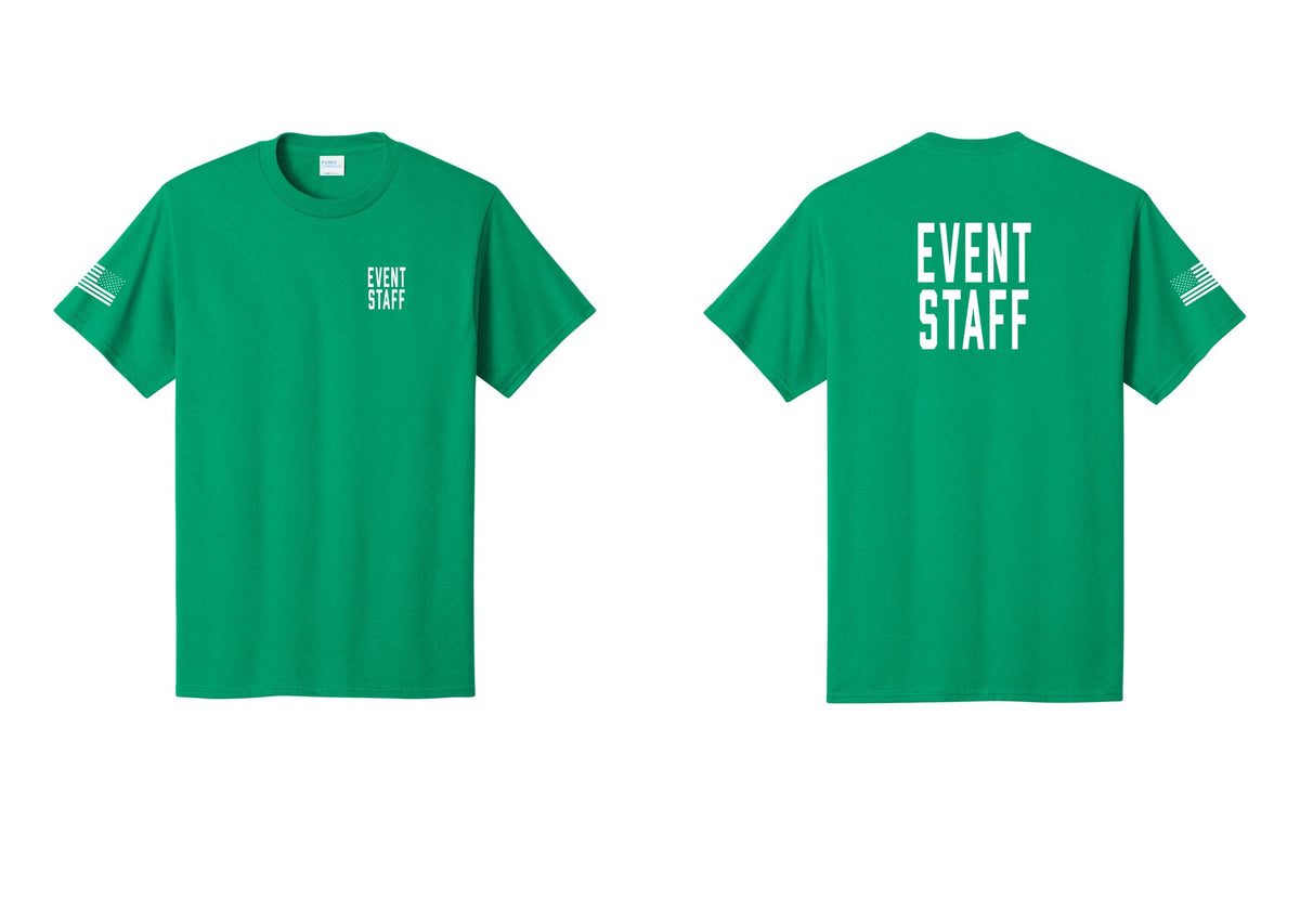 NYC Factory Event Staff T-Shirt, Condensed Lettering - Chest + Back + US Flag Sleeve - Kelly