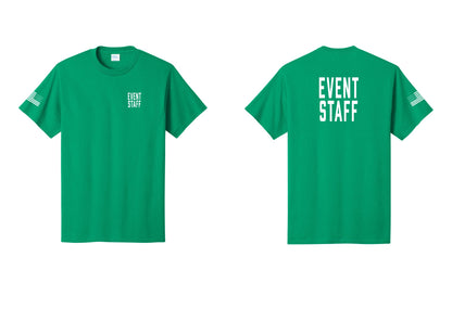 NYC Factory Event Staff T-Shirt, Condensed Lettering - Chest + Back + US Flag Sleeve - Kelly