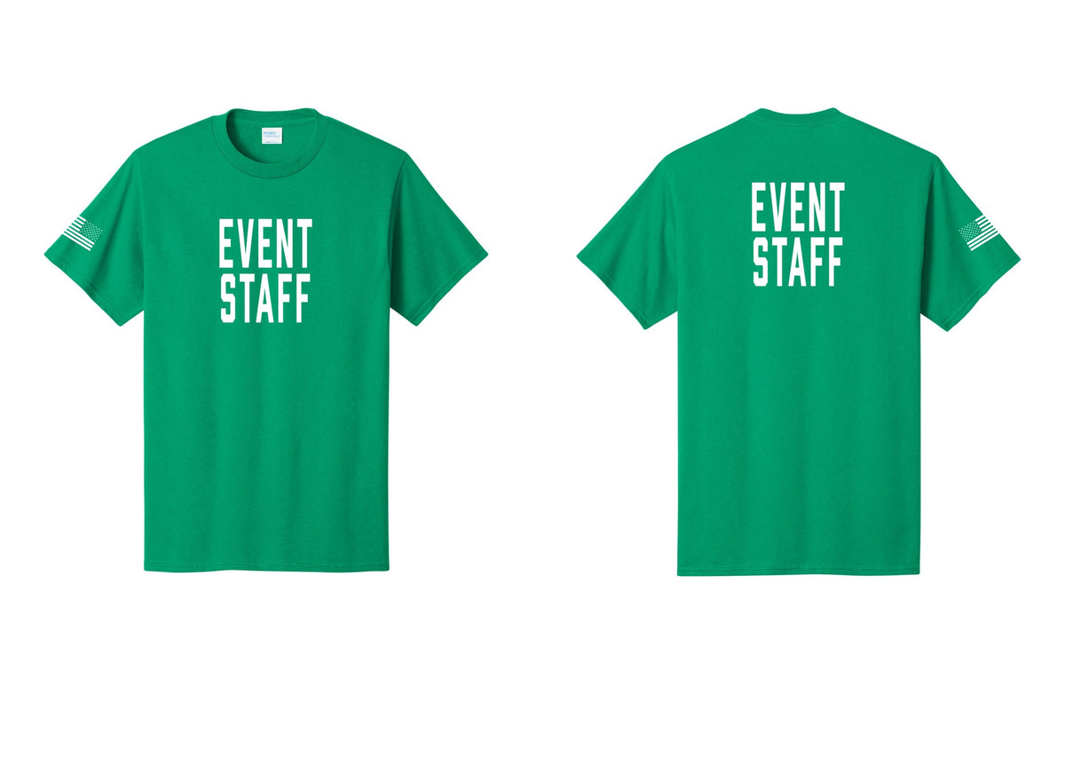 NYC Factory Event Staff T-Shirt, Condensed Lettering - Front + Back + US Flag Sleeve - Kelly