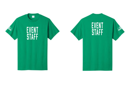 NYC Factory Event Staff T-Shirt, Condensed Lettering - Front + Back + US Flag Sleeve - Kelly