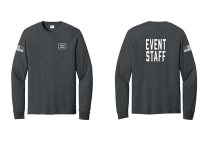 NYC Factory Custom Logo Event Staff Cotton Long Sleeve T-Shirt (Classic) - Your Logo + Back + US Flag Sleeve - Dark Heather Grey