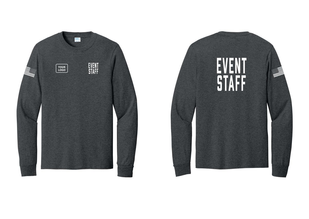 NYC Factory Custom Logo Event Staff Cotton Long Sleeve T-Shirt (Classic) - EVENT STAFF + Your Logo + Back + US Flag Sleeve - Dark Heather Grey