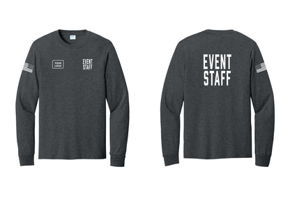 NYC Factory Custom Logo Event Staff Cotton Long Sleeve T-Shirt (Classic) - EVENT STAFF + Your Logo + Back + US Flag Sleeve - Dark Heather Grey
