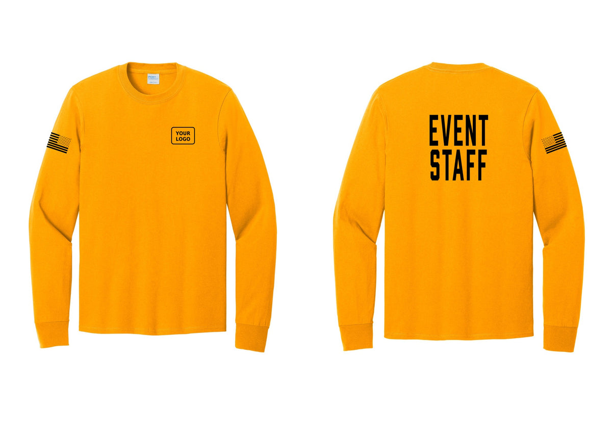 NYC Factory Custom Logo Event Staff Cotton Long Sleeve T-Shirt (Classic) - Your Logo + Back + US Flag Sleeve - Gold