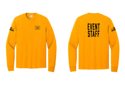 NYC Factory Custom Logo Event Staff Cotton Long Sleeve T-Shirt (Classic) - Your Logo + Back + US Flag Sleeve - Gold