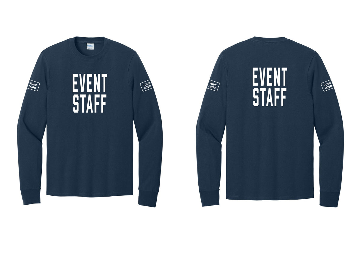 NYC Factory Custom Logo Event Staff Cotton Long Sleeve T-Shirt (Classic) - Front + Back + Your Logo Sleeves - Navy