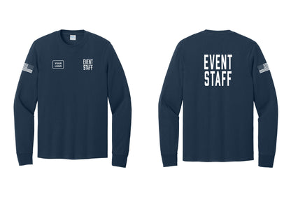 NYC Factory Custom Logo Event Staff Cotton Long Sleeve T-Shirt (Classic) - EVENT STAFF + Your Logo + Back + US Flag Sleeve - Navy