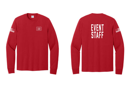 NYC Factory Custom Logo Event Staff Cotton Long Sleeve T-Shirt (Classic) - Your Logo + Back + US Flag Sleeve - Red