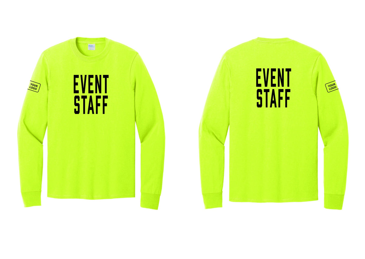 NYC Factory Custom Logo Event Staff Cotton Long Sleeve T-Shirt (Classic) - Front + Back + Your Logo Sleeve - Safety Green