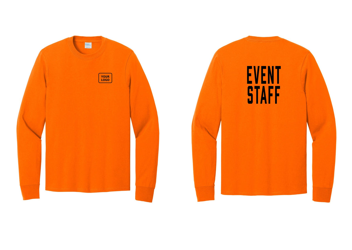 NYC Factory Custom Logo Event Staff Cotton Long Sleeve T-Shirt (Classic) - Your Logo + Back - Safety Orange