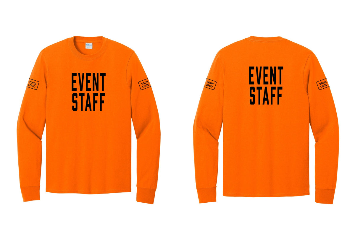 NYC Factory Custom Logo Event Staff Cotton Long Sleeve T-Shirt (Classic) - Front + Back + Your Logo Sleeves - Safety Orange