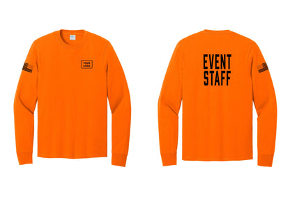 NYC Factory Custom Logo Event Staff Cotton Long Sleeve T-Shirt (Classic) - Your Logo + Back + US Flag Sleeve - Safety Orange