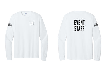 NYC Factory Custom Logo Event Staff Cotton Long Sleeve T-Shirt (Classic) - Your Logo + Back + US Flag Sleeve - White