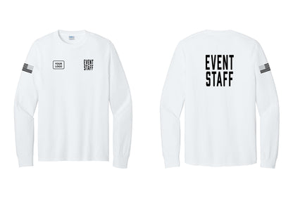 NYC Factory Custom Logo Event Staff Cotton Long Sleeve T-Shirt (Classic) - EVENT STAFF + Your Logo + Back + US Flag Sleeve - White