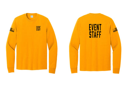 NYC Factory Event Staff Cotton Long Sleeve T-Shirt (Classic) - Chest + Back + US Flag Sleeve - Gold