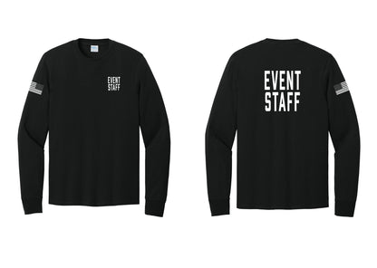 NYC Factory Event Staff Cotton Long Sleeve T-Shirt (Classic) - Chest + Back + US Flag Sleeve - Black