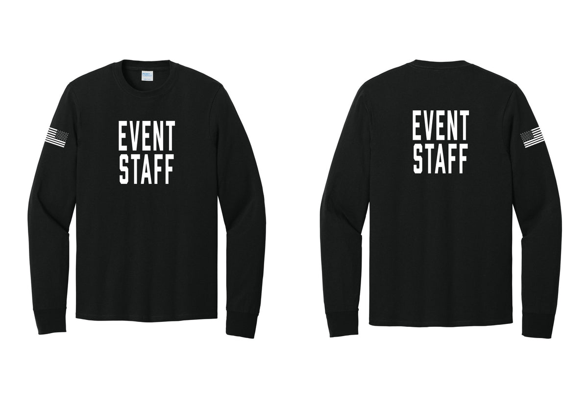 NYC Factory Event Staff Cotton Long Sleeve T-Shirt (Classic) - Front + Back + US Flag Sleeve - Black