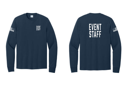 NYC Factory Event Staff Cotton Long Sleeve T-Shirt (Classic) - Chest + Back + US Flag Sleeve - Navy