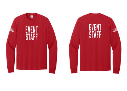 NYC Factory Event Staff Cotton Long Sleeve T-Shirt (Classic) - Front + Back + US Flag Sleeve - Red