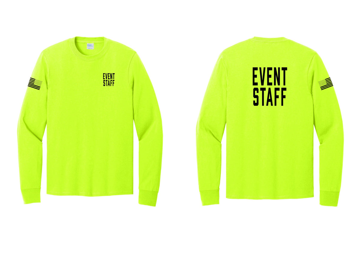 NYC Factory Event Staff Cotton Long Sleeve T-Shirt (Classic) - Chest + Back + US Flag Sleeve - Safety Green