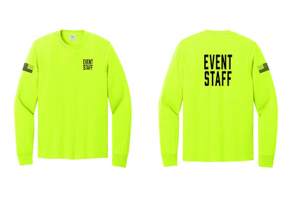 NYC Factory Event Staff Cotton Long Sleeve T-Shirt (Classic) - Chest + Back + US Flag Sleeve - Safety Green