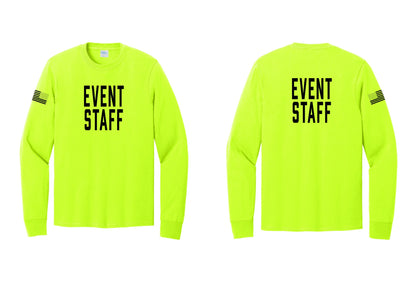 NYC Factory Event Staff Cotton Long Sleeve T-Shirt (Classic) - Front + Back + US Flag Sleeve - Safety Green