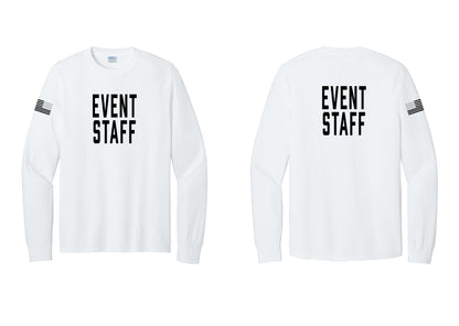 NYC Factory Event Staff Cotton Long Sleeve T-Shirt (Classic) - Front + Back + US Flag Sleeve - White