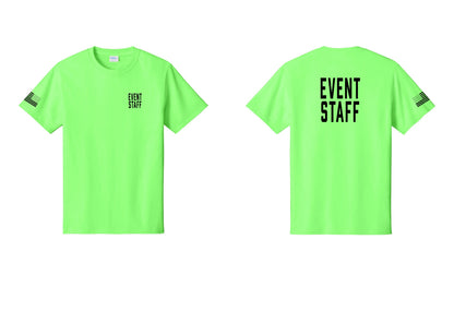 NYC Factory Event Staff T-Shirt, Condensed Lettering - Chest + Back + US Flag Sleeve - Neon Green
