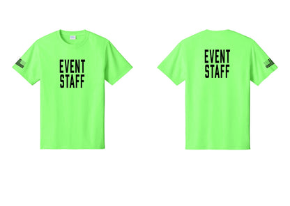 NYC Factory Event Staff T-Shirt, Condensed Lettering - Front + Back + US Flag Sleeve - Neon Green