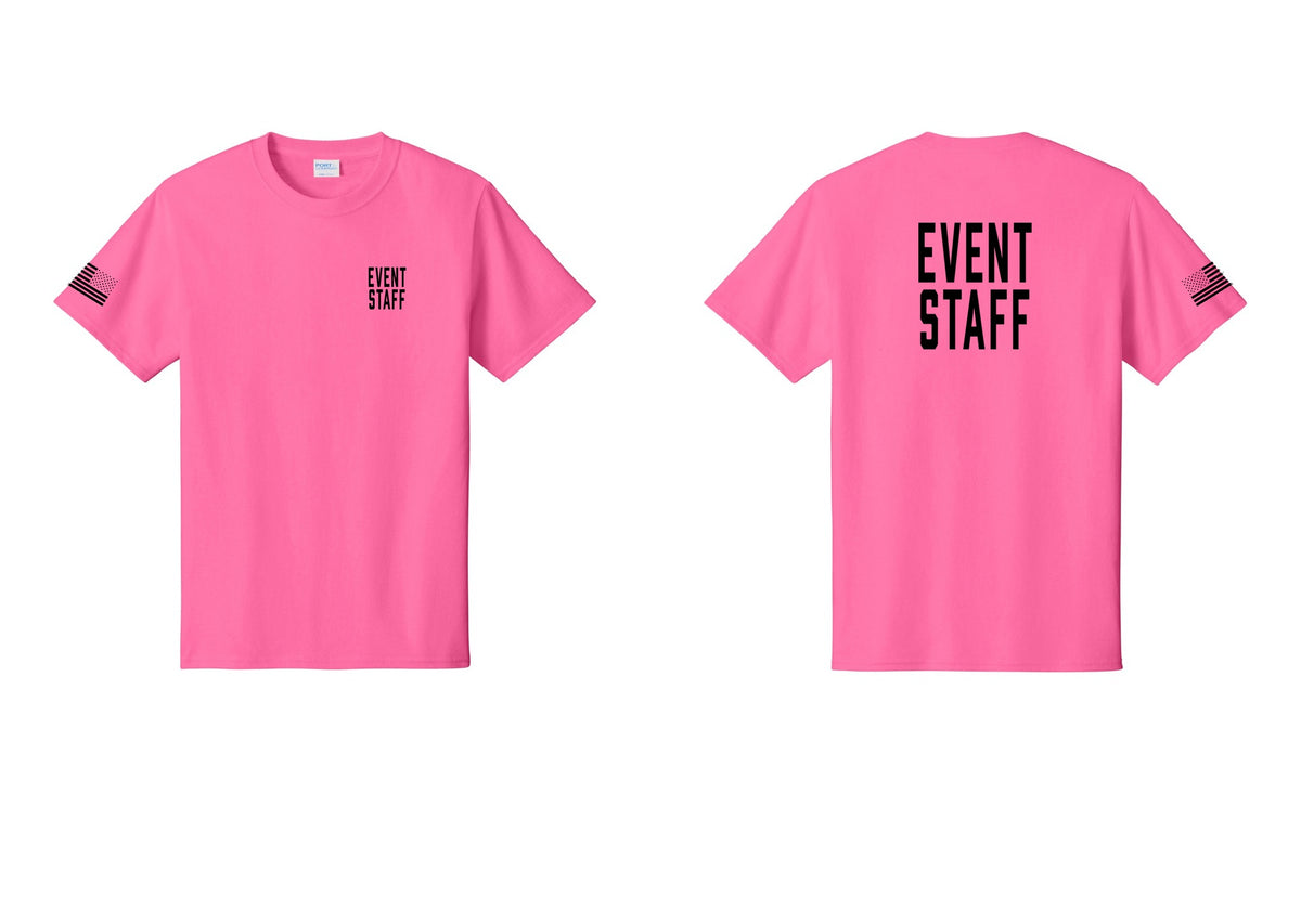 NYC Factory Event Staff T-Shirt, Condensed Lettering - Chest + Back + US Flag Sleeve - Neon Pink