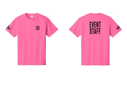 NYC Factory Event Staff T-Shirt, Condensed Lettering - Chest + Back + US Flag Sleeve - Neon Pink