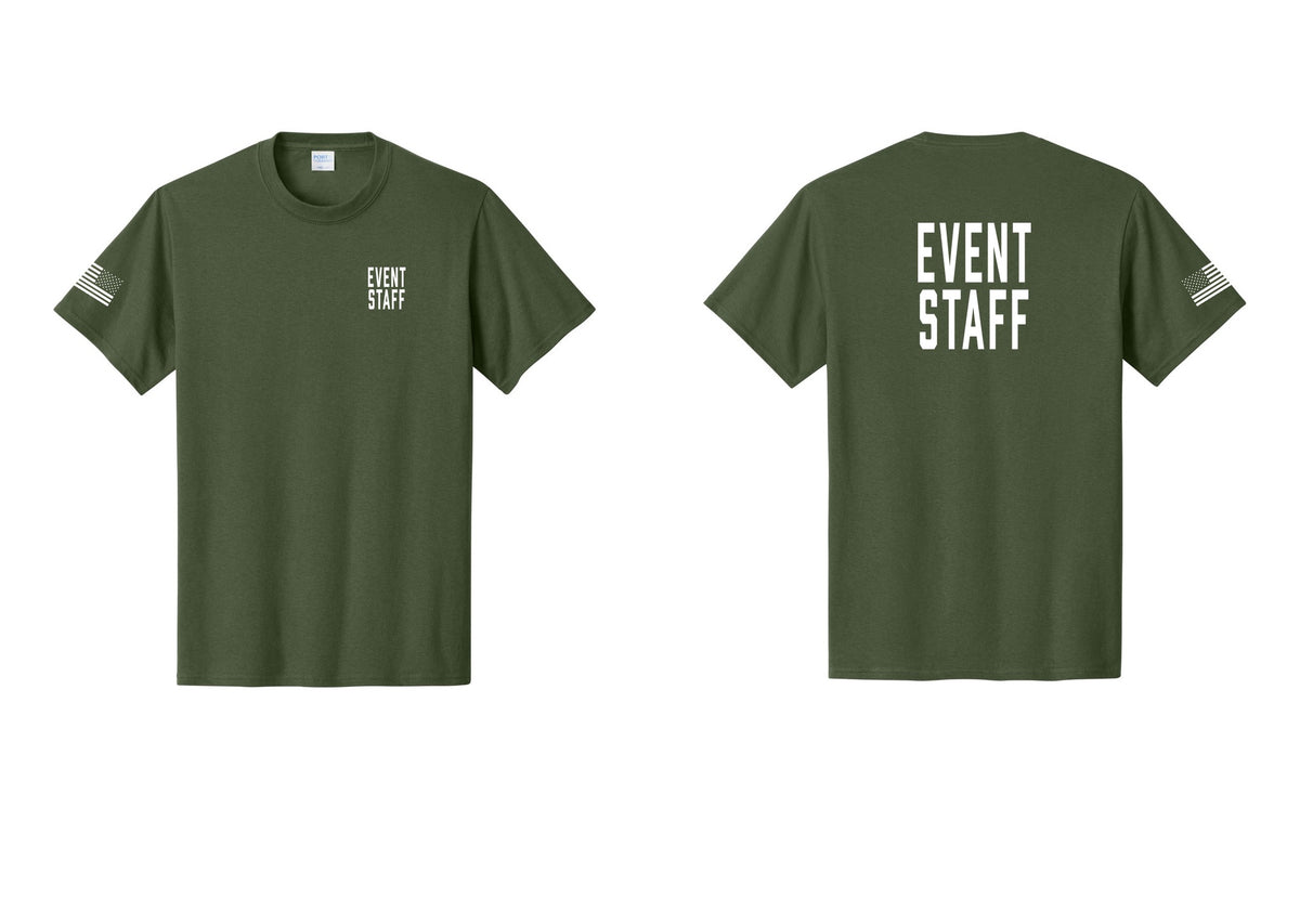 NYC Factory Event Staff T-Shirt, Condensed Lettering - Chest + Back + US Flag Sleeve - Olive