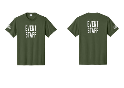 NYC Factory Event Staff T-Shirt, Condensed Lettering - Front + Back + US Flag Sleeve - Olive