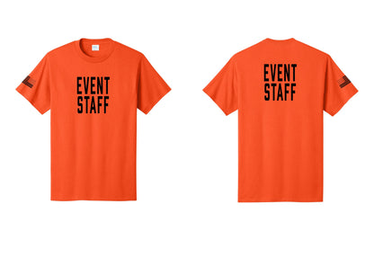 NYC Factory Event Staff T-Shirt, Condensed Lettering - Front + Back + US Flag Sleeve - Orange
