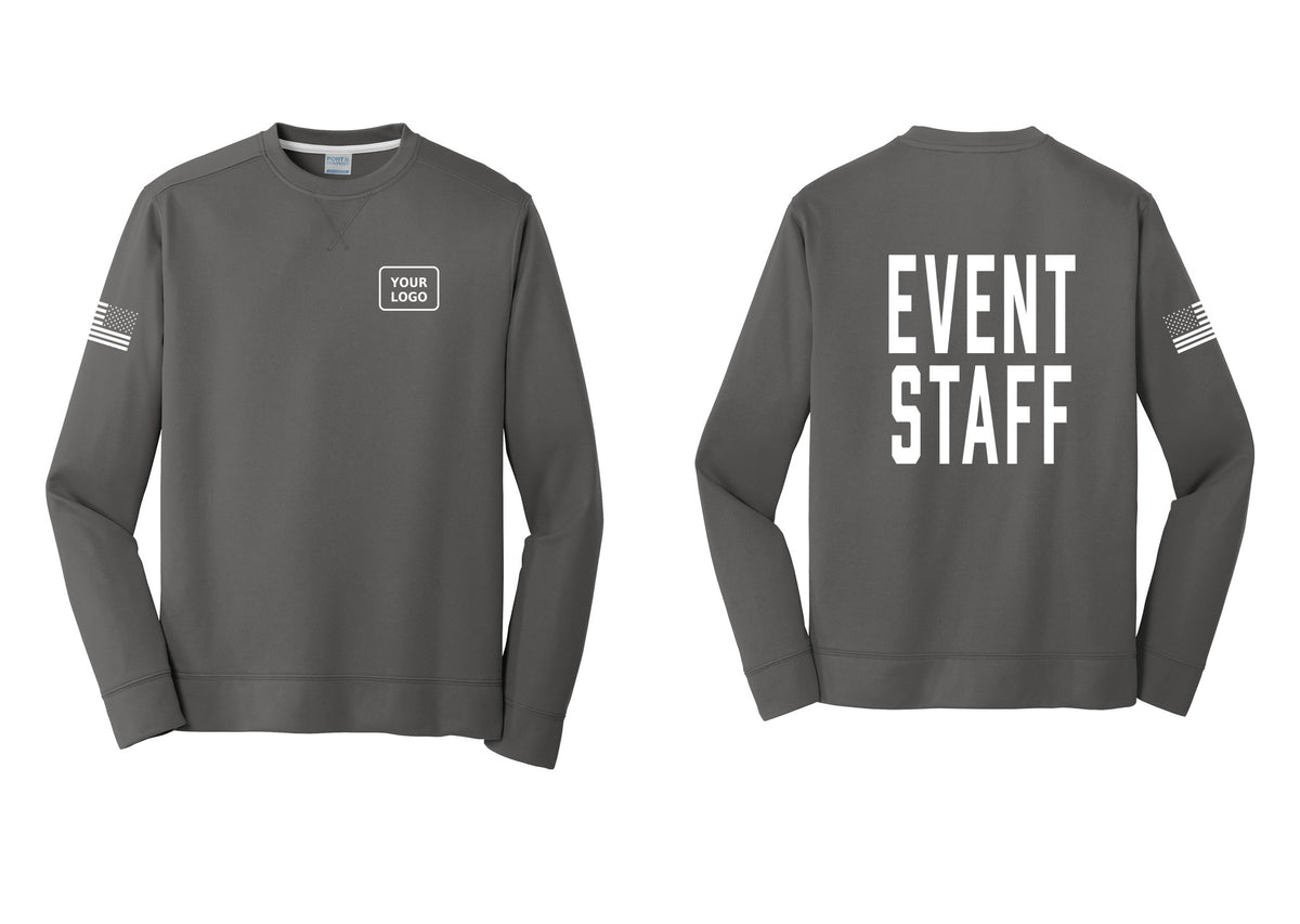 NYC Factory Custom Logo Event Staff Performance Fleece Crewneck Sweatshirt (Classic) - Your Logo + Back + US Flag Sleeve - Charcoal