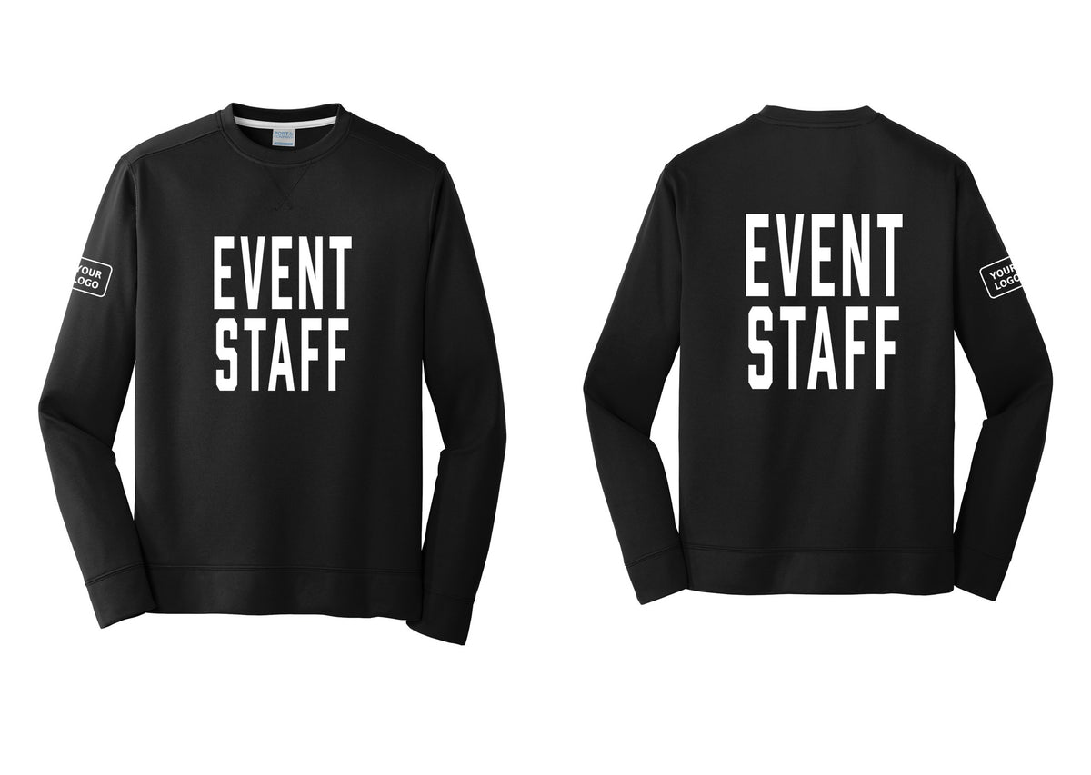 NYC Factory Custom Logo Event Staff Performance Fleece Crewneck Sweatshirt (Classic) - Front + Back + Your Logo Sleeve - Black