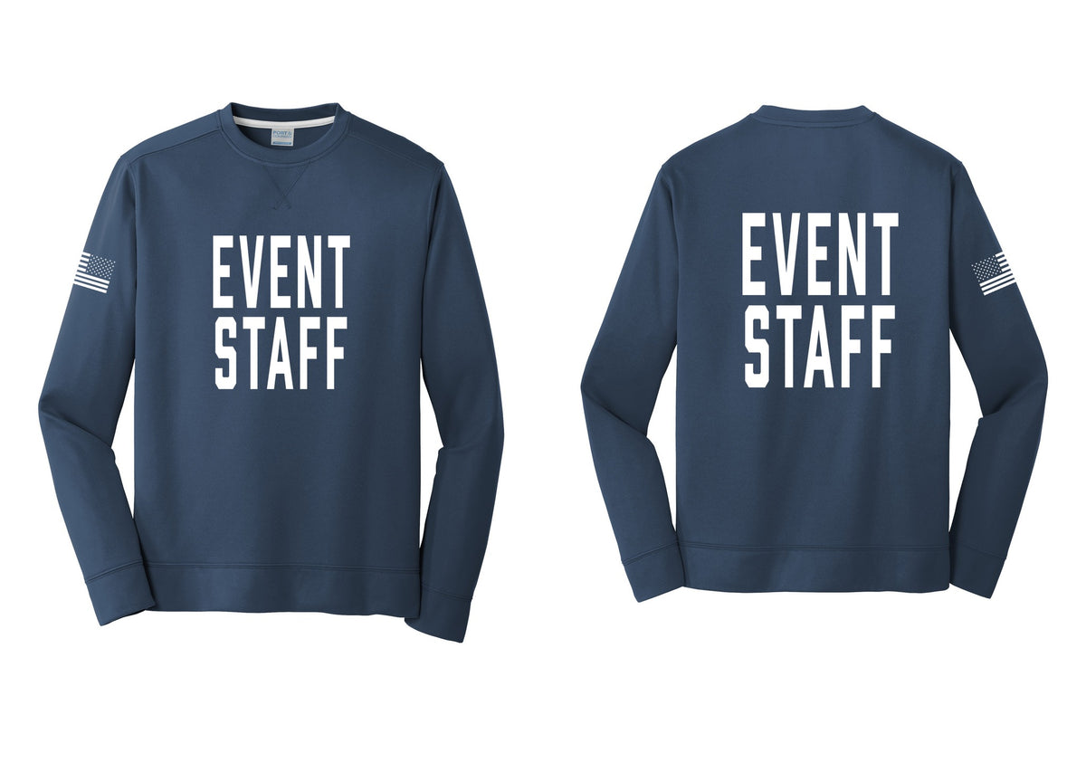 NYC Factory Event Staff Performance Fleece Crewneck Sweatshirt (Classic) - Front + Back + US Flag Sleeve - Navy