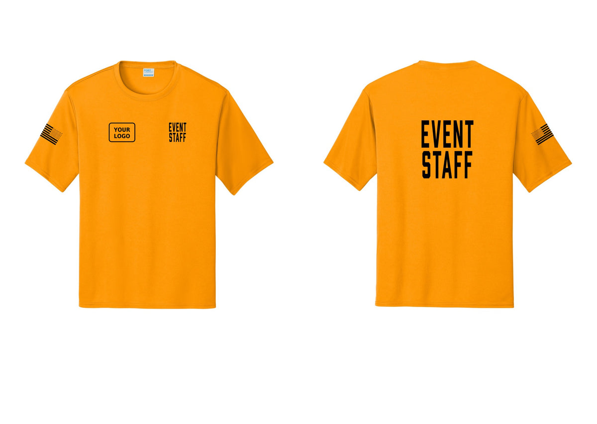 NYC Factory Custom Logo Event Staff Performance T-Shirt (Classic) - EVENT STAFF + Your Logo + Back + US Flag Sleeve - Gold