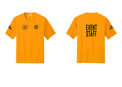 NYC Factory Custom Logo Event Staff Performance T-Shirt (Classic) - EVENT STAFF + Your Logo + Back + US Flag Sleeve - Gold