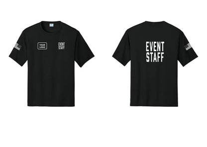 NYC Factory Custom Logo Event Staff Performance T-Shirt (Classic) - EVENT STAFF + Your Logo + Back + US Flag Sleeve - Black