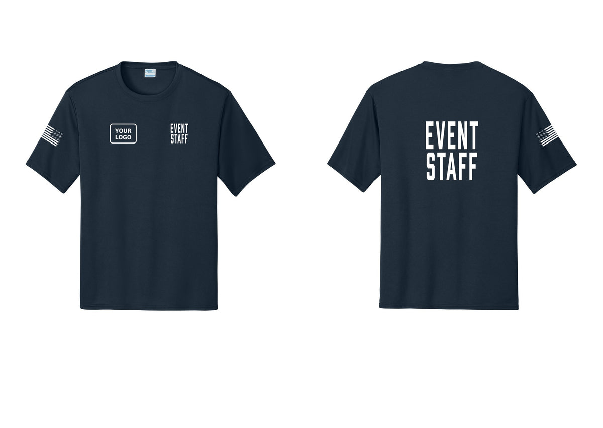 NYC Factory Custom Logo Event Staff Performance T-Shirt (Classic) - EVENT STAFF + Your Logo + Back + US Flag Sleeve - Navy